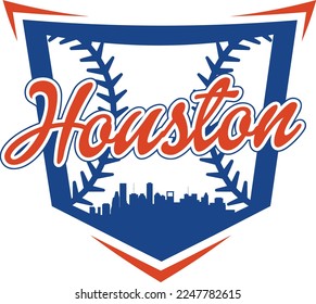 Custom illustrated baseball logo with the city of Houston Texas skyline silhouette inside of home plate and baseball or softball stitching. Vector eps graphic design.