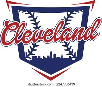 Custom illustrated baseball logo with the city skyline silhouette of Cleveland Ohio inside of home plate and baseball or softball stitches. Vector eps graphic design.