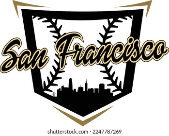 Custom illustrated baseball logo with the city of San Francisco California skyline silhouette inside of home plate and baseball or softball stitching. Vector eps graphic design.