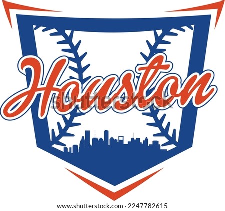 Custom illustrated baseball logo with the city of Houston Texas skyline silhouette inside of home plate and baseball or softball stitching. Vector eps graphic design.