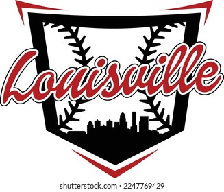 Custom illustrated baseball logo design with the city skyline silhouette of Louisville Kentucky inside of home plate and baseball or softball stitching. Vector eps graphic design.