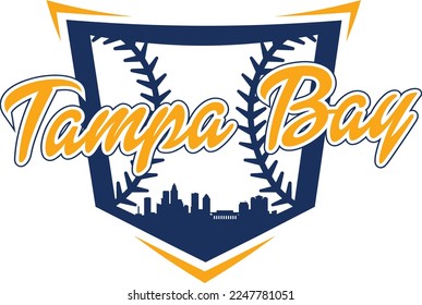 Custom illustrated baseball logo with the Tampa Bay city skyline buildings silhouette inside home plate and baseball or softball stitching. Vector eps graphic design.