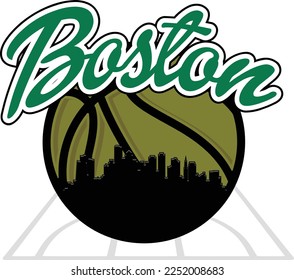 Custom illustrated basketball logo with the skyline buildings silhouette of Boston Massachusetts inside on the court and script text up above. Vector eps graphic design.