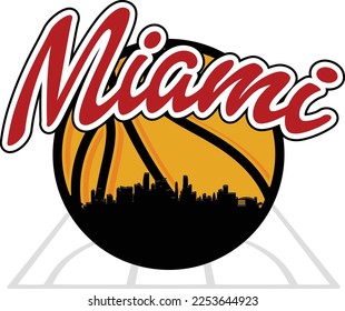 Logo de basket-ball illustré sur mesure avec la silhouette des immeubles en skyline de la ville de Miami Florida à l'intérieur sur la cour et le texte du script au-dessus. Image vectorielle création graphique eps.