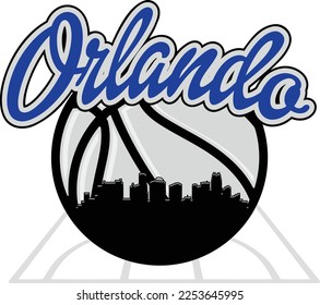 Custom illustrated basketball logo with the skyline buildings silhouette of the city Orlando Florida inside on the court and script text up above. Vector eps graphic design.