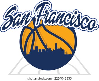 Custom illustrated basketball logo with the skyline buildings silhouette of San Francisco California City inside on the court and script text up above. Vector eps graphic design.