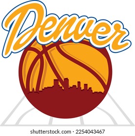 Custom illustrated basketball logo with the skyline buildings silhouette of Denver Colorado city inside on the court and script text up above. Vector eps graphic design.
