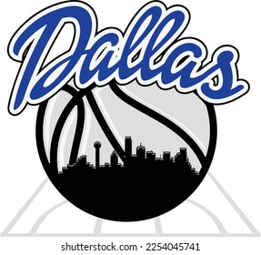Logo de basket-ball illustré sur mesure avec la silhouette des immeubles horizontaux de Dallas Texas City à l'intérieur sur la cour et le texte du script au-dessus. Image vectorielle création graphique eps.