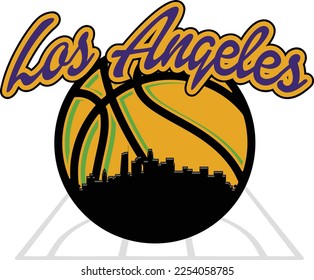 Custom illustrated basketball logo with the skyline buildings silhouette of Los Angeles California City inside on the court and script text up above. Vector eps graphic design.