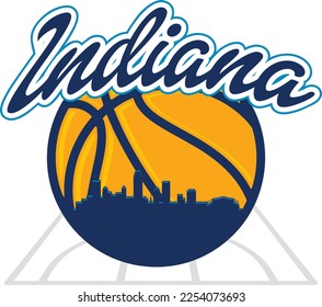 Custom illustrated basketball logo with the skyline buildings silhouette of Indianapolis Indiana City inside on the court and script text up above. Vector eps graphic design.