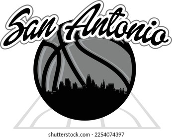 Logo de baloncesto ilustrado a medida con la silueta de edificios de la ciudad de San Antonio Texas dentro de la cancha y texto de escritura arriba. Diseño gráfico de vectores.