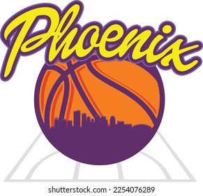 Logo de baloncesto ilustrado a medida con la silueta de edificios en el horizonte de la ciudad de Phoenix Arizona en la cancha y texto de guión arriba. Diseño gráfico de vectores.