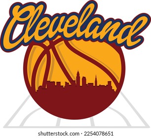 Logo de basket-ball illustré sur mesure avec la silhouette des immeubles horizontaux de Cleveland Ohio City à l'intérieur sur le terrain et le texte du script au-dessus. Image vectorielle création graphique eps.