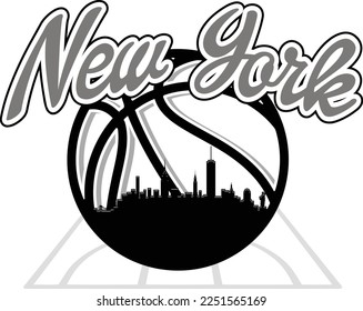 Logo de estilo baloncesto ilustrado a medida con la silueta de edificios en el horizonte de la ciudad de Nueva York en la parte superior de la corte y el texto del guión arriba. Diseño gráfico de vectores.