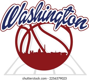 Custom illustrated basketball style logo with the city skyline silhouette of downtown Washington DC with monuments and capital building under the name. Vector eps graphic design.