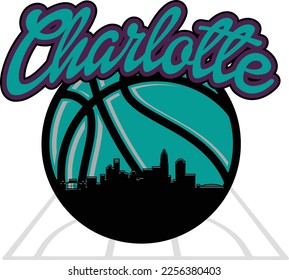 Custom illustrated basketball style logo with the city skyline silhouette of downtown Charlotte North Carolina under the name. Vector eps graphic design.