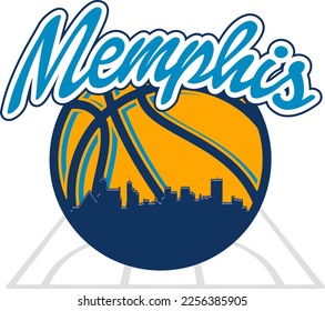 Logo de estilo baloncesto ilustrado personalizado con la silueta de perfil urbano del centro de Memphis Tennessee bajo el nombre. Diseño gráfico de vectores.