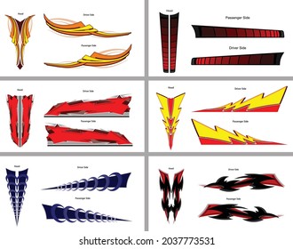 Custom illustrated collection of fun vehicle graphics stripes kits for hood, sides and roof. Multiple designs in various shapes and colors. Vector eps graphics.