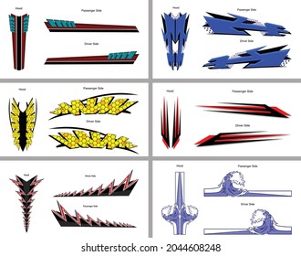 Custom illustrated collection of modern themed racing stripe kits for sides and top of cars, trucks, motorcycle, boats and more. Vector eps designed graphics.