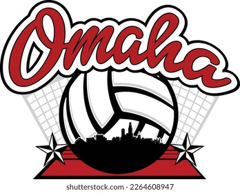 Custom illustrated color volleyball logo with the city skyline silhouette of downtown Omaha Nebraska inside ball with court and net in the background and text above. Vector eps graphic design.