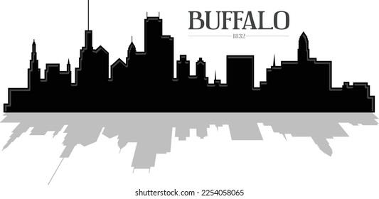 Custom illustrated downtown city skyline silhouette of Buffalo New York. Black and grey vector eps graphic design. 