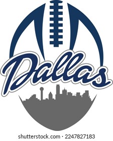 Custom Illustrated football logo with the city skyline silhouette of Dallas Texas showing laces above. Vector eps graphic design.