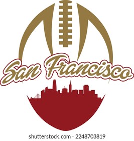 Custom illustrated football logo with the city skyline silhouette of San Francisco California below and ball with laces up above. Vector eps graphic design.