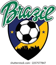 Custom Illustrated football or soccer ball style logo in shield with the city skyline silhouette of Rio de Janeiro Brazil and script text up above. Vector eps graphic design.