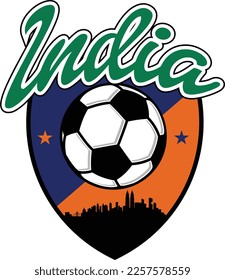 Custom Illustrated football or soccer ball style logo in shield with the city skyline silhouette of Mumbai India and script text up above. Vector eps graphic design.