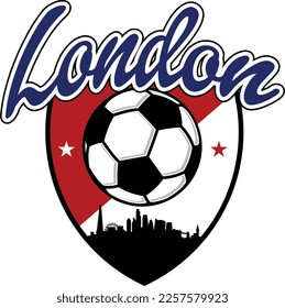 Custom Illustrated football or soccer ball style logo in shield with the city skyline silhouette of London England and script text up above. Vector eps graphic design.