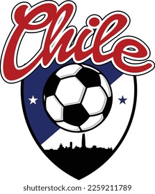 Custom Illustrated football or soccer ball style logo in shield with the city skyline silhouette of Santiago Chile and script text up above. Vector eps graphic design.