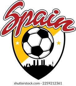 Custom Illustrated football or soccer ball style logo in shield with the city skyline silhouette of Madrid Spain and script text up above. Vector eps graphic design.