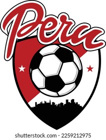 Custom Illustrated football or soccer ball style logo in shield with the city skyline silhouette of Lima Peru and script text up above. Vector eps graphic design.