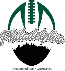 Custom illustrated football style logo with the city buildings skyline silhouette of Philadelphia Pennsylvania downtown with laces up above. Vector eps graphic design.