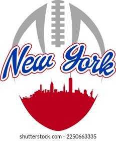 Custom illustrated football style logo with skyline silhouette of New York city and laces up above. Vector eps graphic design.