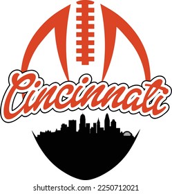 Custom illustrated football style logo with the buildings skyline silhouette of the city Cincinnati Ohio and laces up above. Vector eps graphic design.