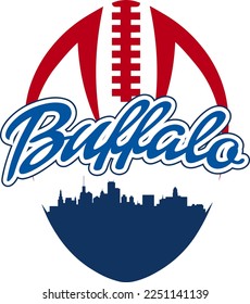 Logo de estilo futbolístico ilustrado a medida con la silueta de perfil urbano de Buffalo Nueva York y se encuentra arriba. Diseño gráfico de vectores.