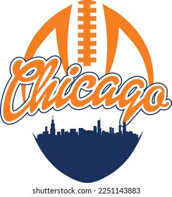 Custom illustrated football style logo with the city skyline silhouette of Chicago Illinois under the name and laces up above. Vector eps graphic design.