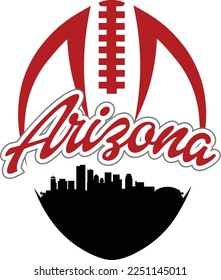 Custom illustrated football style logo with the city skyline silhouette of downtown Phoenix Arizona under the name with laces up above. Vector eps graphic design.