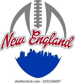 Custom illustrated football style logo with the city skyline silhouette of downtown New England or Boston Massachusetts under the name with laces up above. Vector eps graphic design.