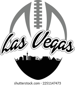 Custom illustrated football style logo with the city skyline silhouette of the Las Vegas Nevada strip under the name with laces up above. Vector eps graphic design.