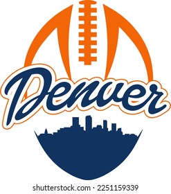 Custom illustrated football style logo with the city skyline silhouette of downtown Denver Colorado under the name with laces up above. Vector eps graphic design.