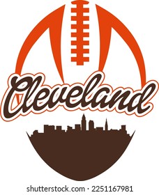 Custom illustrated football style logo with the city skyline silhouette of downtown Cleveland Ohio under the name with laces up above. Vector eps graphic design.