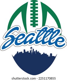 Custom illustrated football style logo with the city skyline silhouette of downtown Seattle Washington under the name with laces up above. Vector eps graphic design.