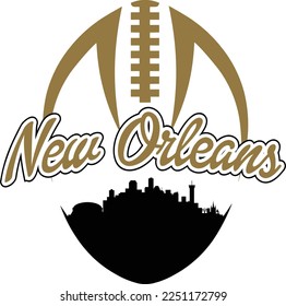 Kundenspezifische illustrierte Fußball-Logo mit der Skyline Silhouette der Stadt New Orleans Louisiana unter dem Namen mit Schnürsenkel oben. Vektorgrafik-Design.