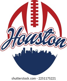 Custom illustrated football style logo with the city skyline silhouette of downtown Houston Texas under the name with laces up above. Vector eps graphic design.