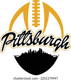 Custom illustrated football style logo with the city skyline silhouette of downtown Pittsburgh Pennsylvania under the name with laces up above. Vector eps graphic design.