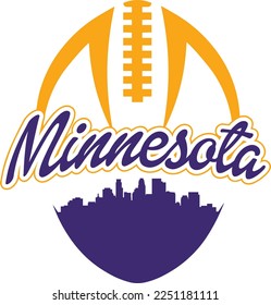 Logo personalizado de estilo futbolístico ilustrado con la silueta de perfil urbano del centro de Minneapolis Saint Paul Minnesota bajo el nombre de los lugares arriba. Diseño gráfico de vectores.