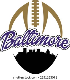 Kundenspezifische illustrierte Fußball-Logo mit der Skyline Silhouette der Stadt Baltimore Maryland unter dem Namen mit Schnürsenkel oben. Vektorgrafik-Design.