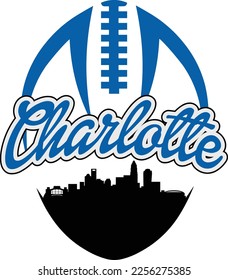 Logo personalizado de estilo futbolístico ilustrado con la silueta de perfil urbano del centro de Charlotte Carolina del Norte bajo el nombre de los cordones arriba. Diseño gráfico de vectores.